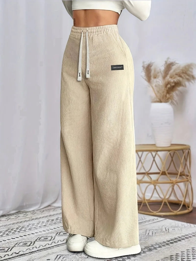 Women's Solid Tapered Trousers - Soft Comfortable All-Season Casual Pants with Drawstring Waist & Cuffed Hem Straight-Leg Design