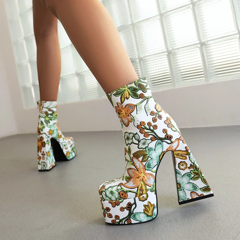Colorful Flower Pattern Super High Cutout Chunky Heel Ankle Boots