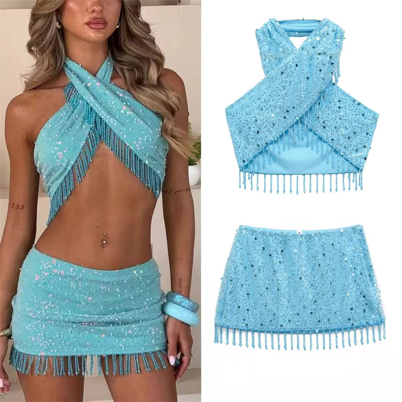 Women's Blue Halterneck Collar Pearl Fringe Sequin Top Skirt Suit Sexy Fashion Personality