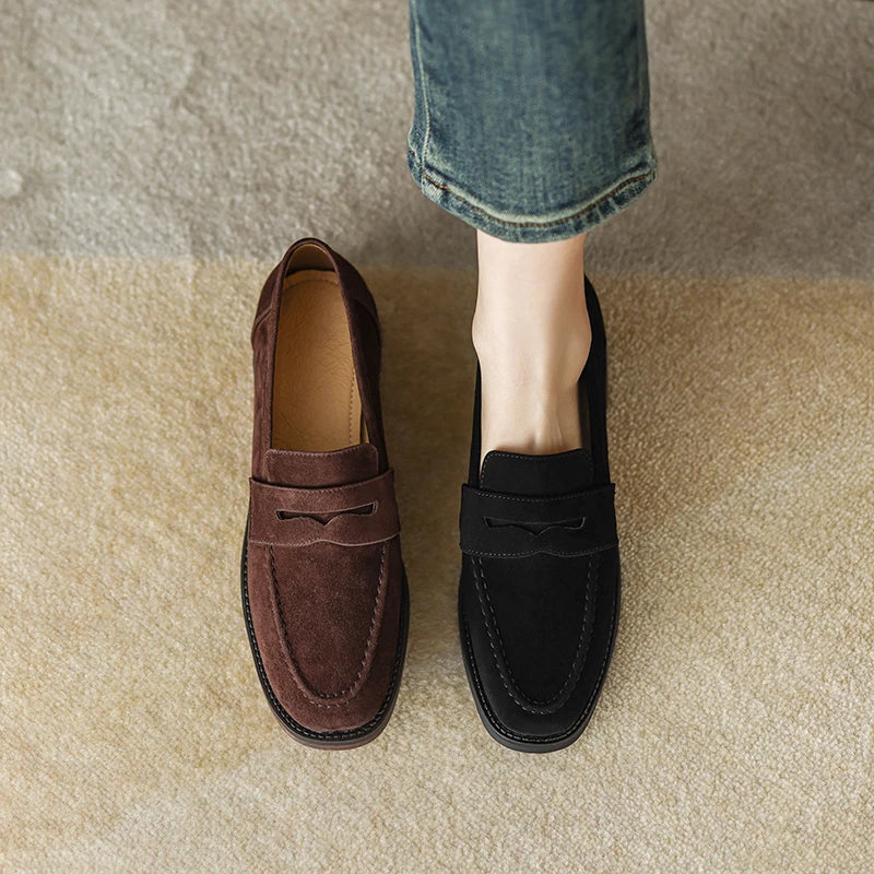 EAGSITY Cow Suede Leather Brown Loafer Shoes
