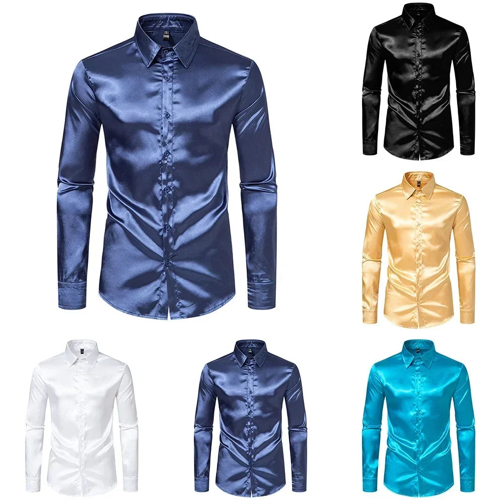 Elegant Slim Fit Long Sleeve Satin Silk Dress Shirt