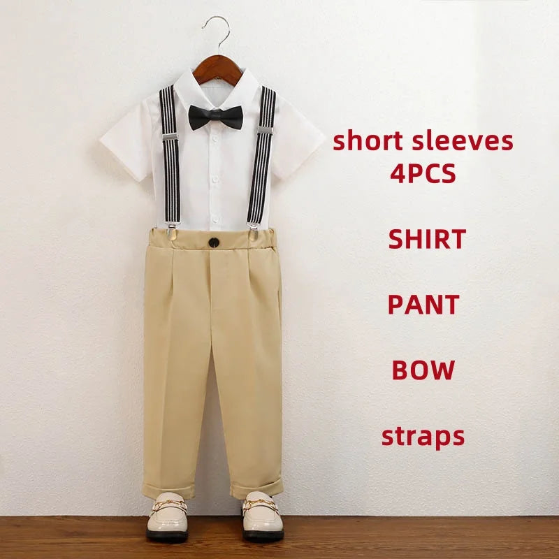 4 Pieces/set Boys Formal Elegant British Style Strap Shirts Outfits Set