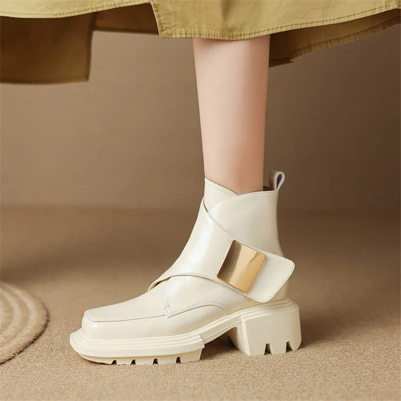 Split Leather Women Boots Square Toe Chunky Heel Platform Boots