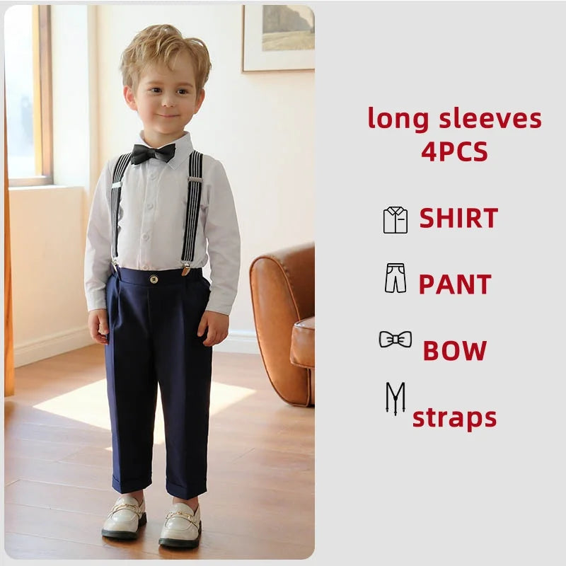4 Pieces/set Boys Formal Elegant British Style Strap Shirts Outfits Set