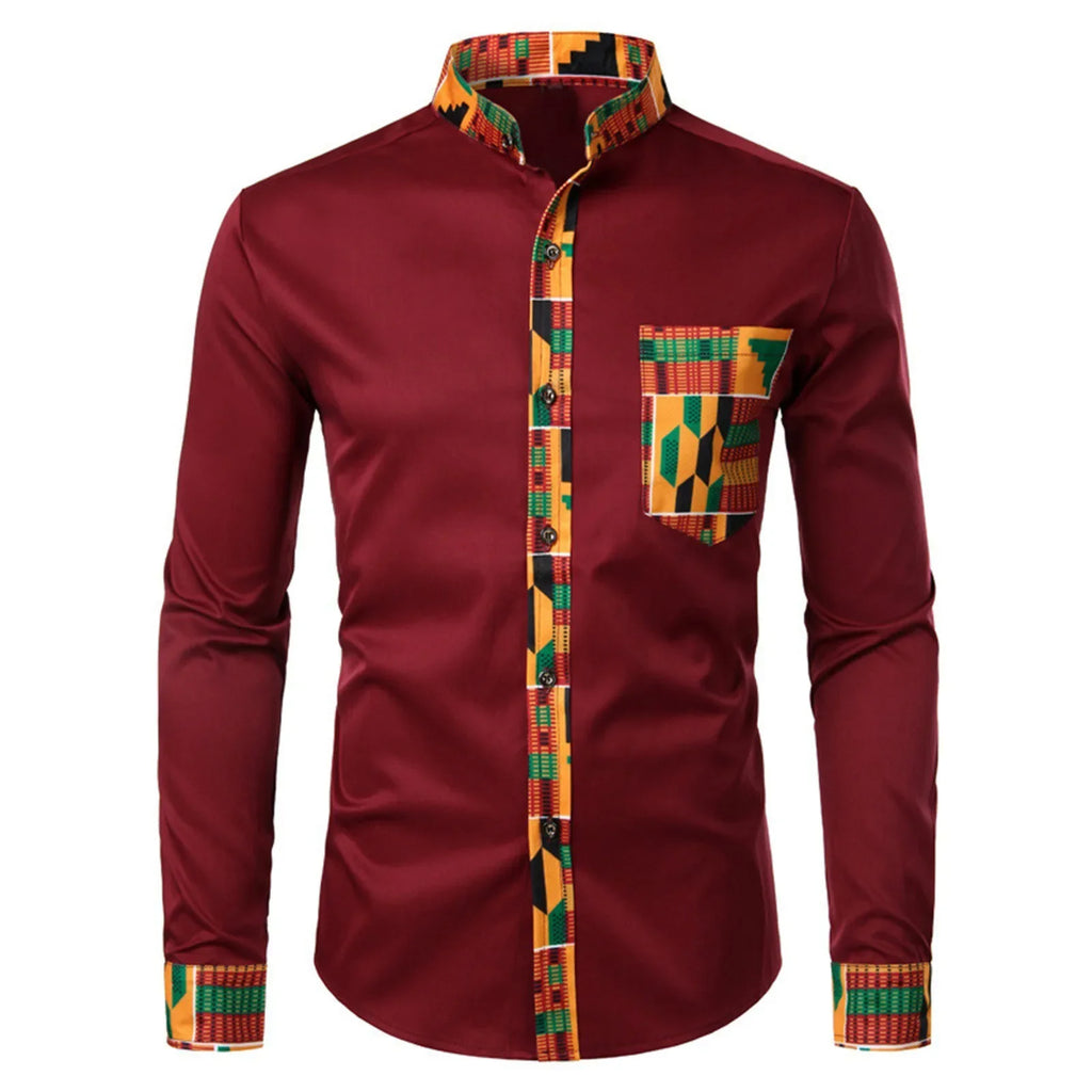 African Style Long Sleeve Printed Patchwork Design Button Up Shirt