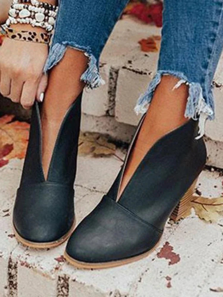 Stacked Heel Booties Chelsea Boots PU Botas Zapatos Block Heels