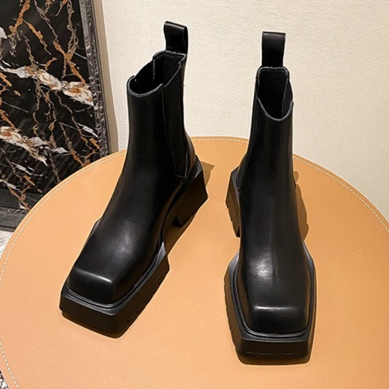 Black Chunky British Style Leather Heel Chelsea Ankle Boots
