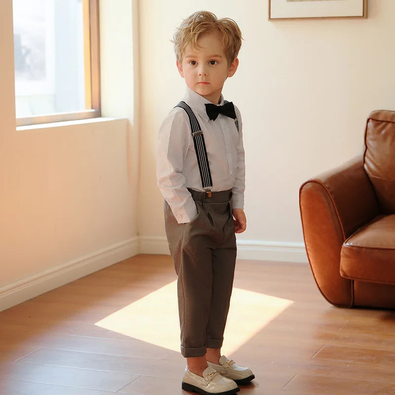 4 Pieces/set Boys Formal Elegant British Style Strap Shirts Outfits Set