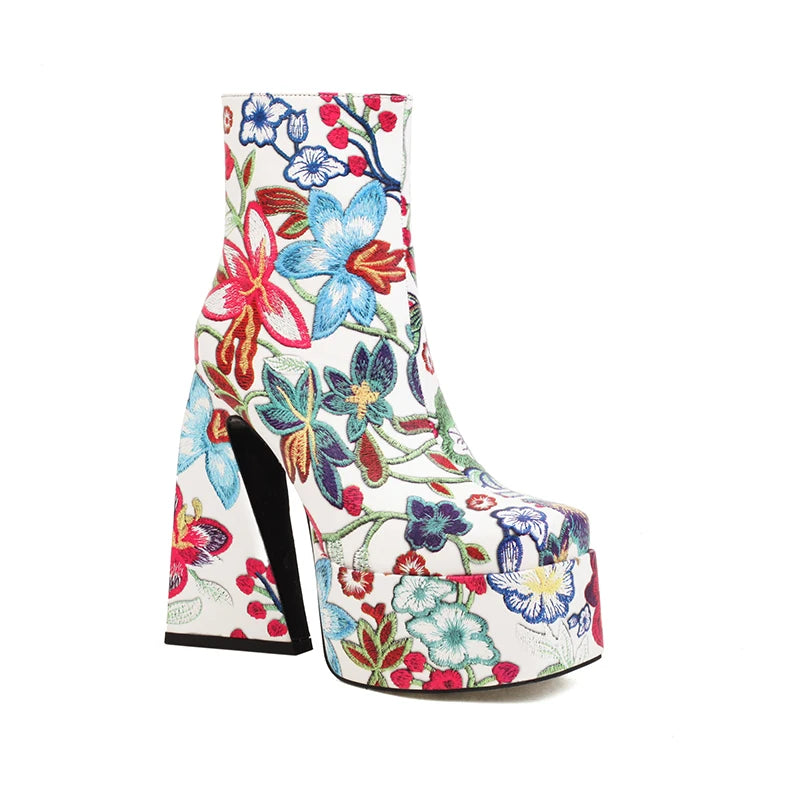 Colorful Flower Pattern Super High Cutout Chunky Heel Ankle Boots