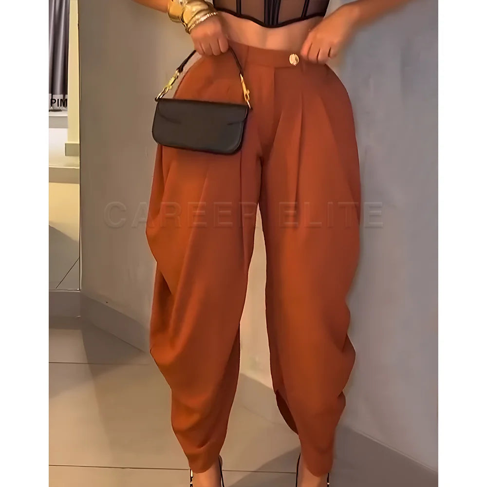 Crotch Trousers Chic White Drape Casual Elegant Pants