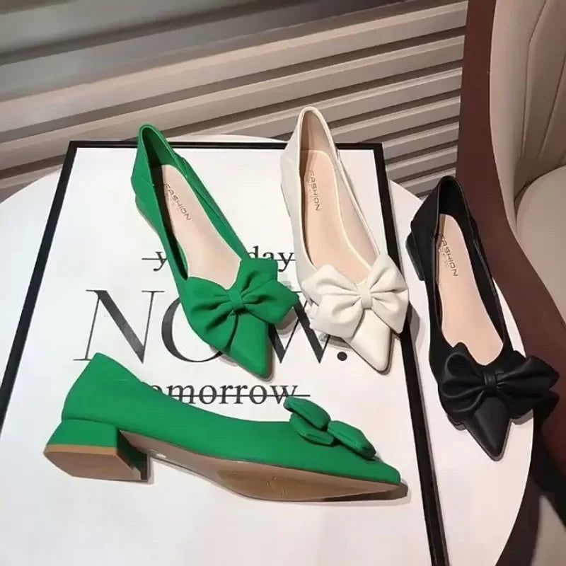 Low Heel Elegant Pointed Toe With Bow Slip-On