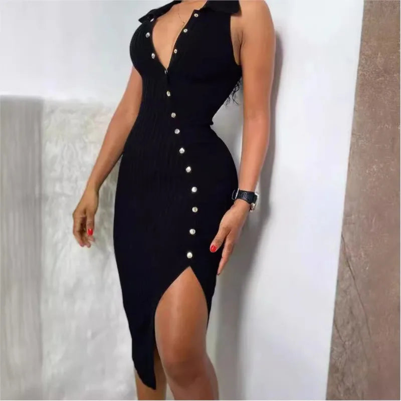 Sexy Sleeveless Slit Button Dress