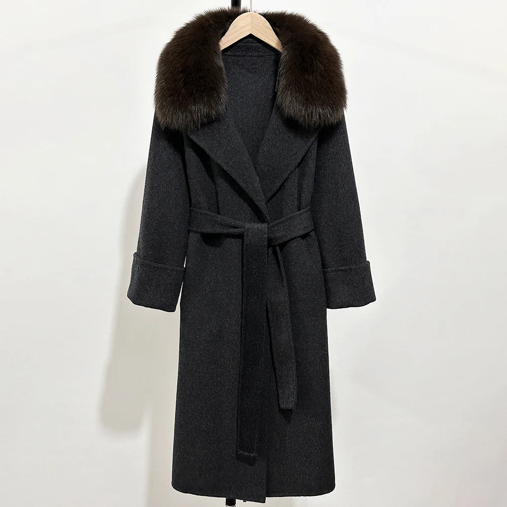 Fox Fur Collar Elegant Double-sided Wool Blend Coat Cashmere Wool Jacket