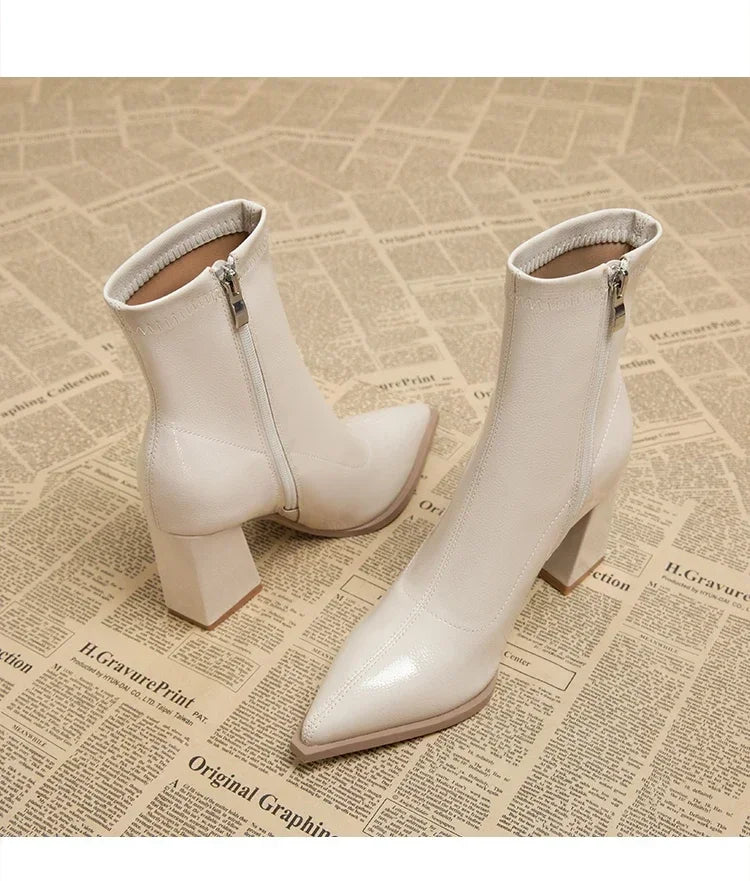 Pointed Toe Thick Heel French Ankle Boots