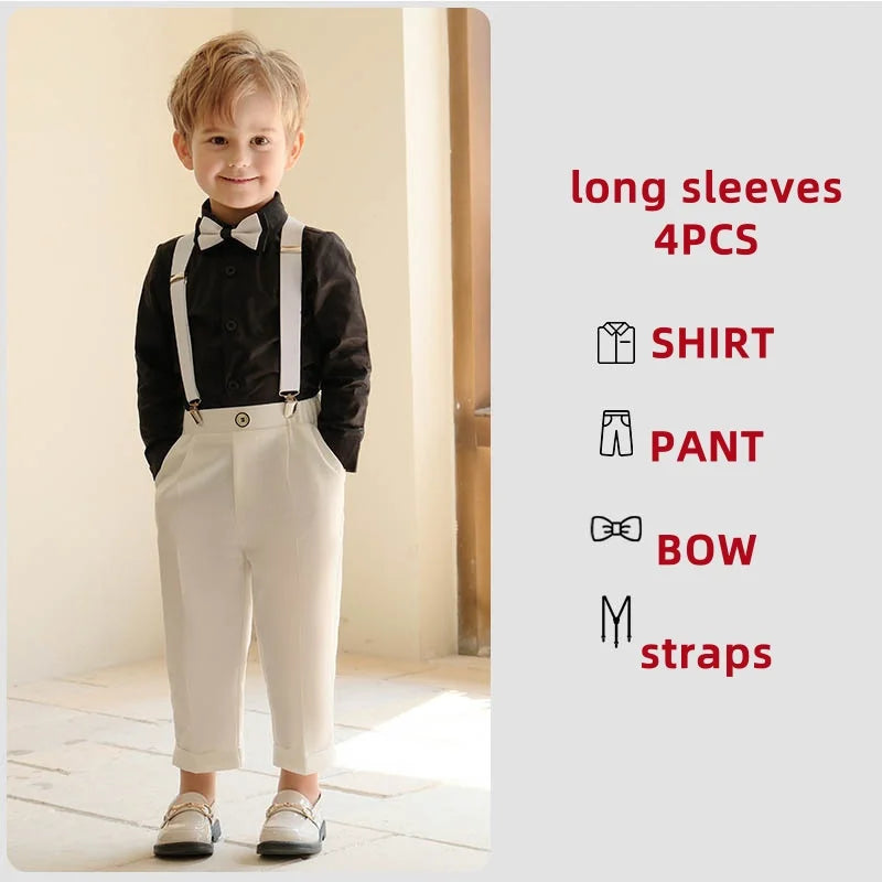 4 Pieces/set Boys Formal Elegant British Style Strap Shirts Outfits Set