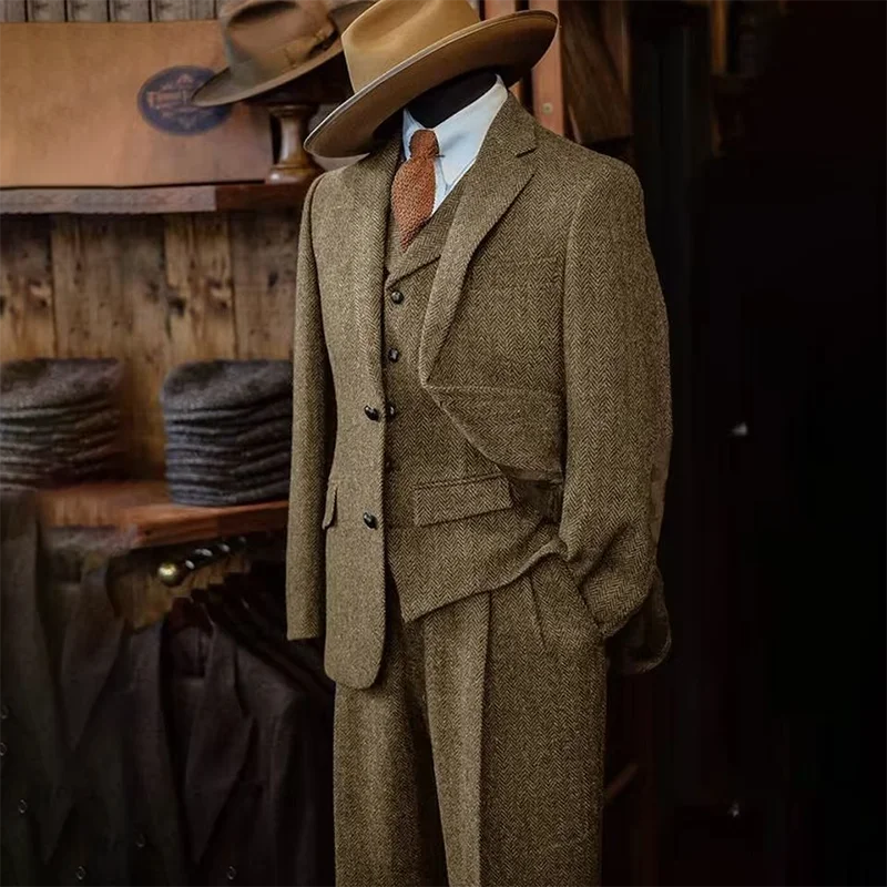 3 piece Slim Fit Herringbone Pattern Single Breasted Suits