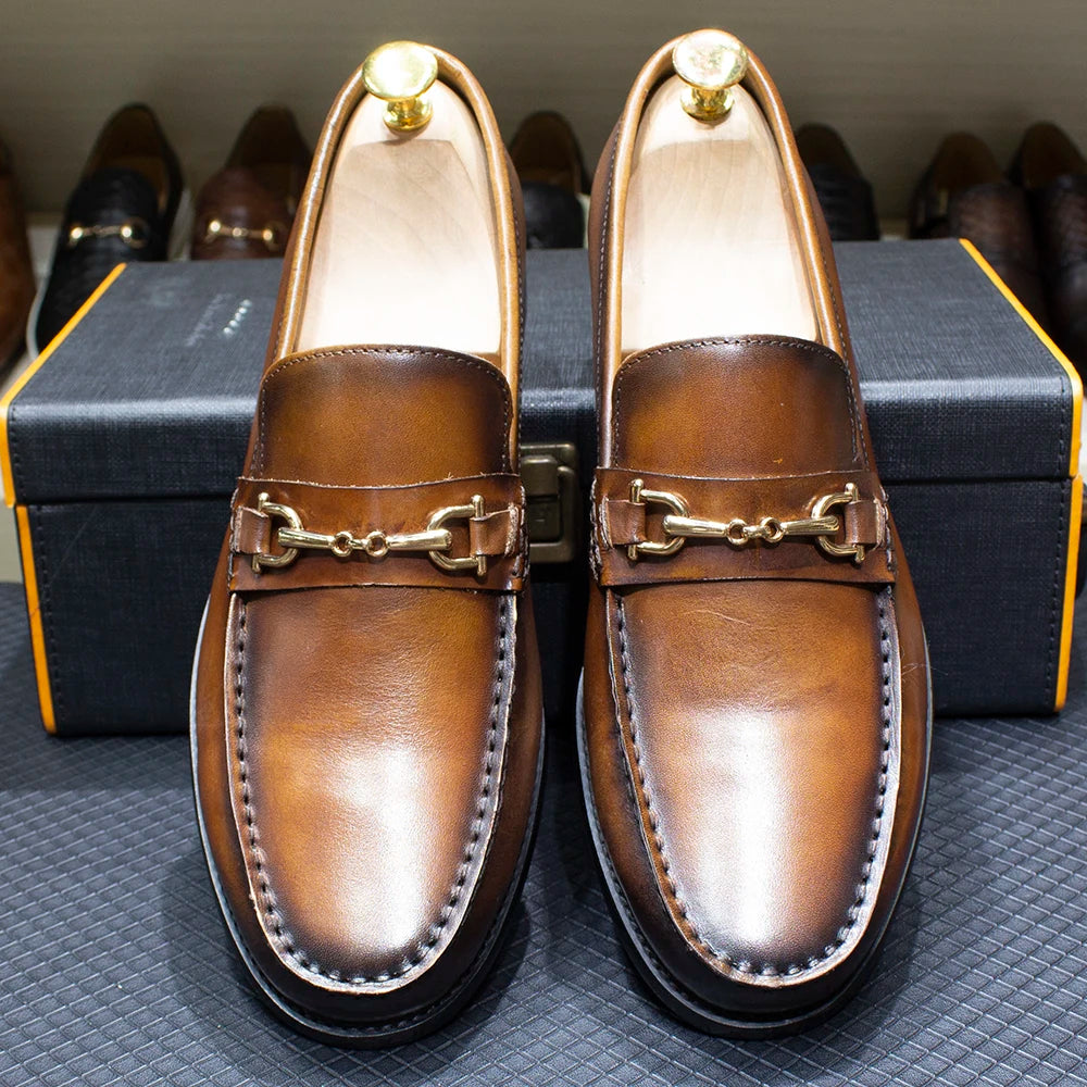 Handmade Genuine Leather Metal Chain Loafers