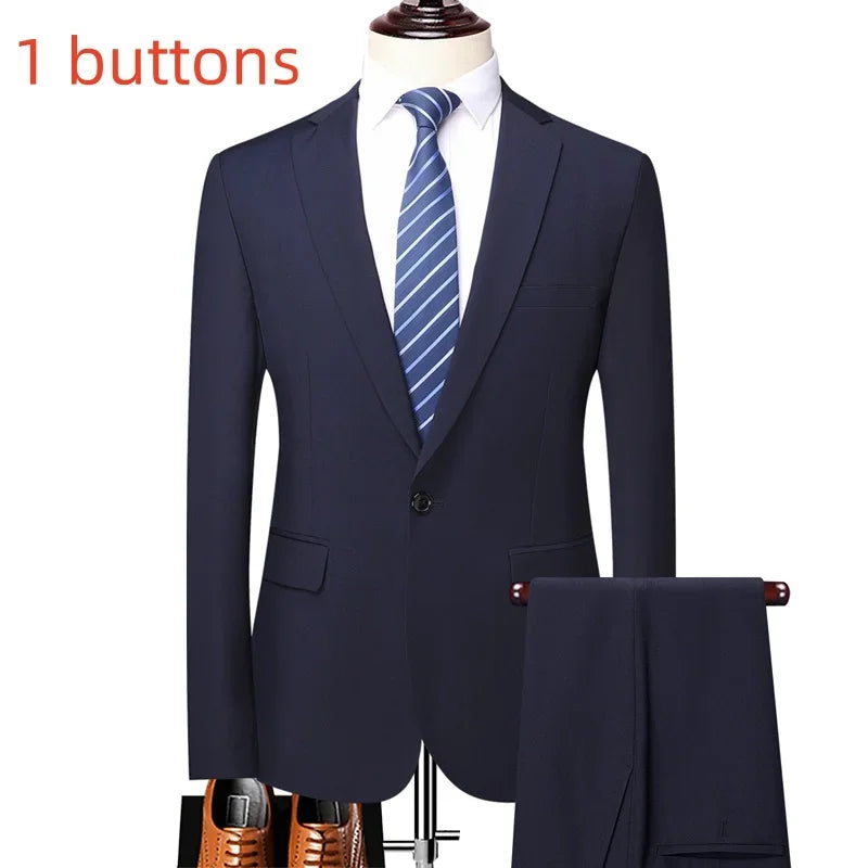 Suit (Blazer+ Pants) Fashion Men Outdoor Business Casual British Style Solid Color