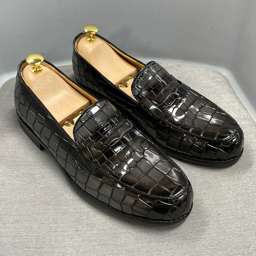 Genuine Cow Leather Round Toe Alligator Print Penny Loafer