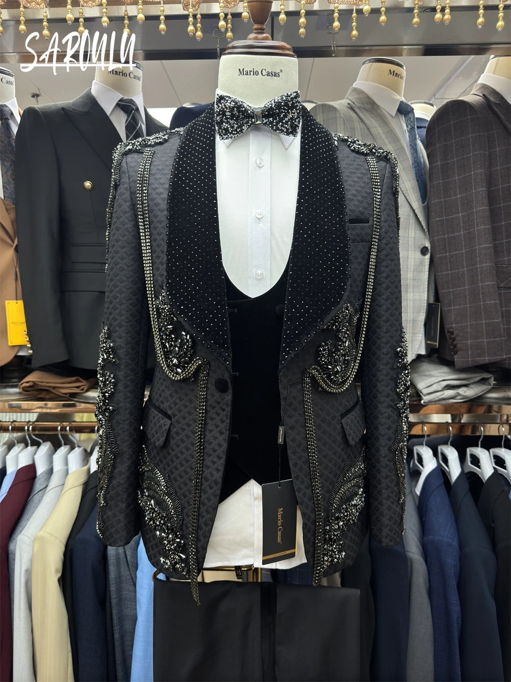 Black Elegant Men's Suit Hot Sale Single Breasted Handsome Formal Banquet Luxurious Jacket Vest Pants Groom Wear