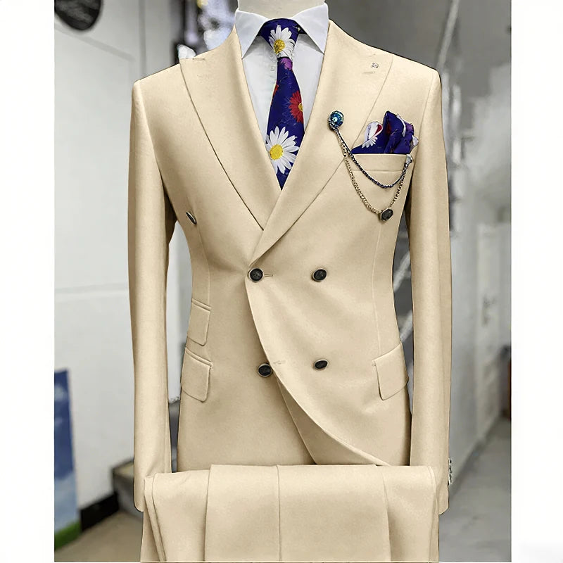 Suits for Men 2 Piece Solid Color Formal Business Casual Male Suit Fashion Peak Lapel Double Breasted Wedding Groom Tuxedo