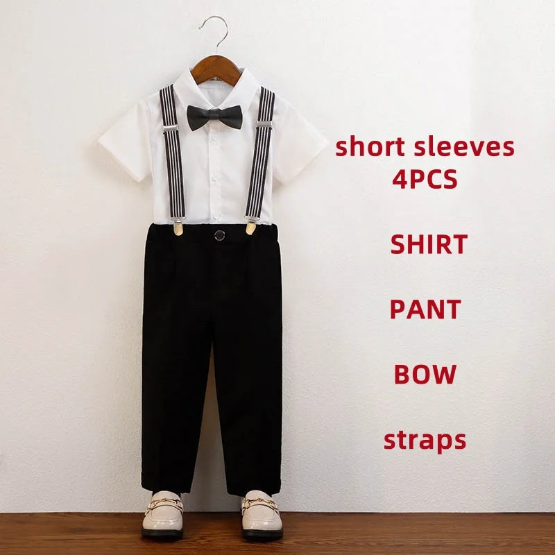 4 Pieces/set Boys Formal Elegant British Style Strap Shirts Outfits Set
