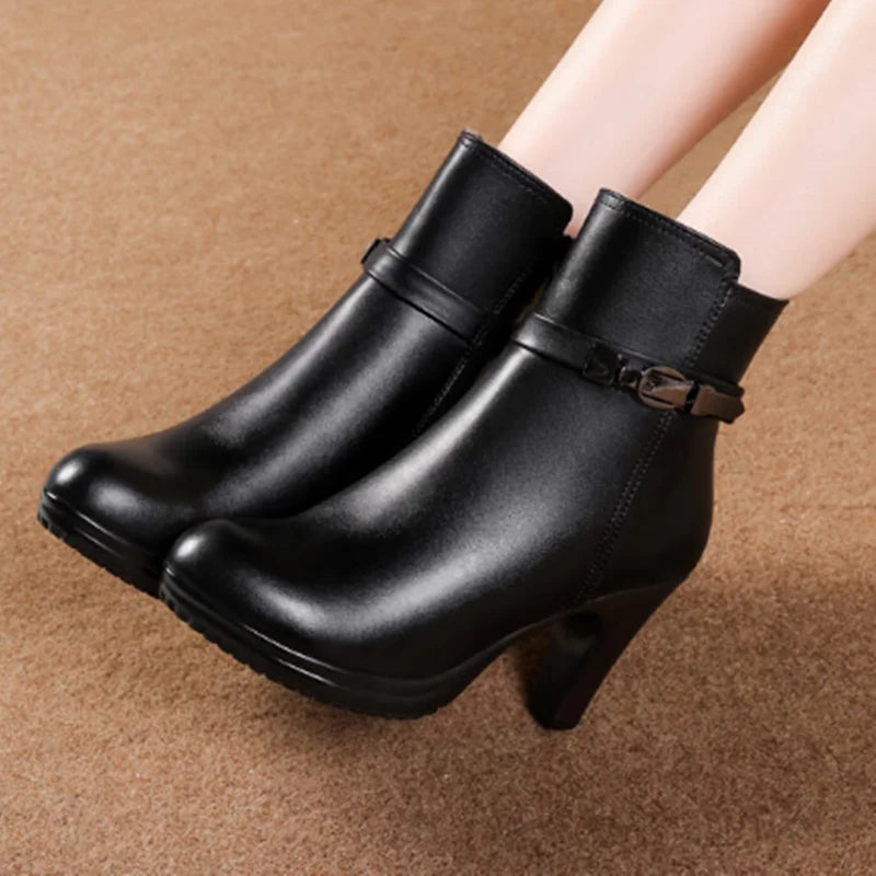 AIYUQI Ankle Boots Genuine Leather Boots Wool Booties High-heeled Snow Boots
