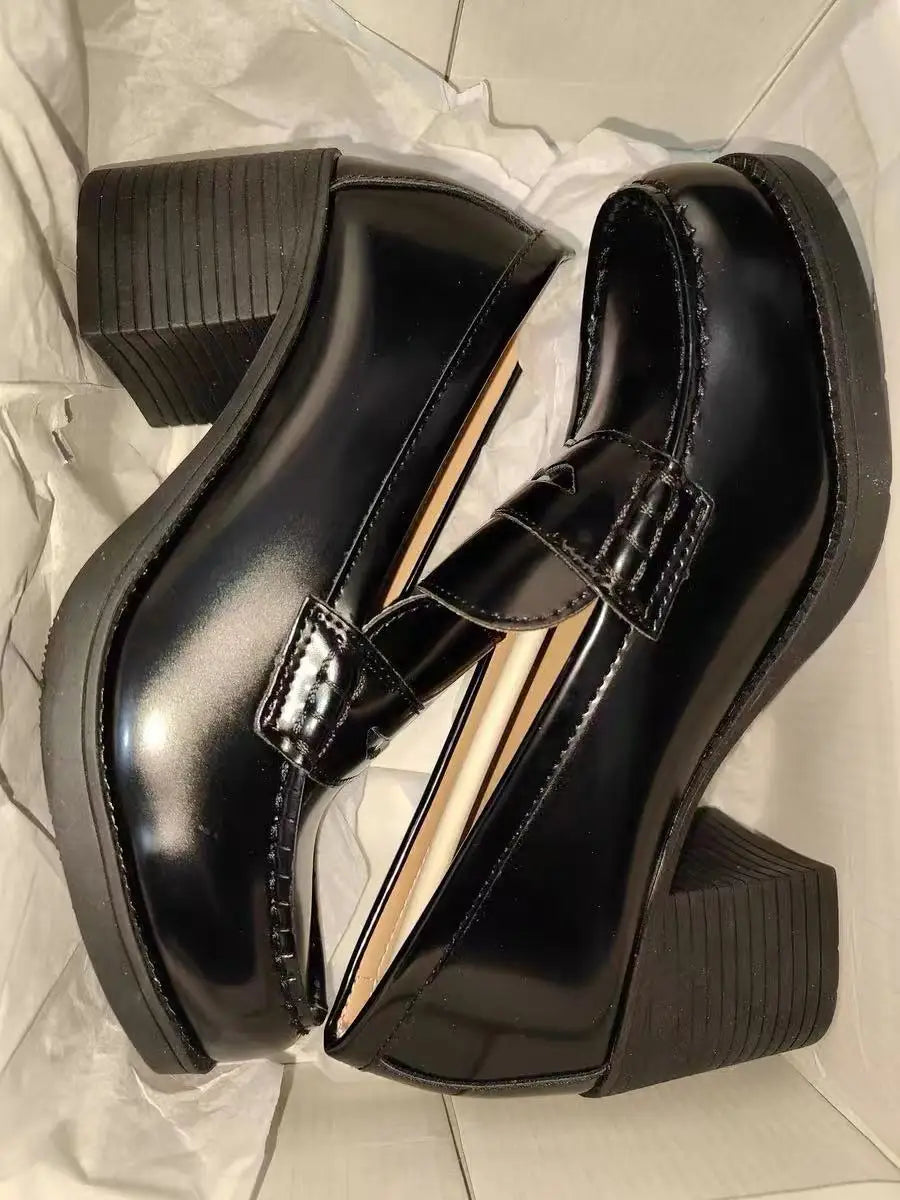 High Chunky Heel Women College Shoes Slip On Work Loafer jk style