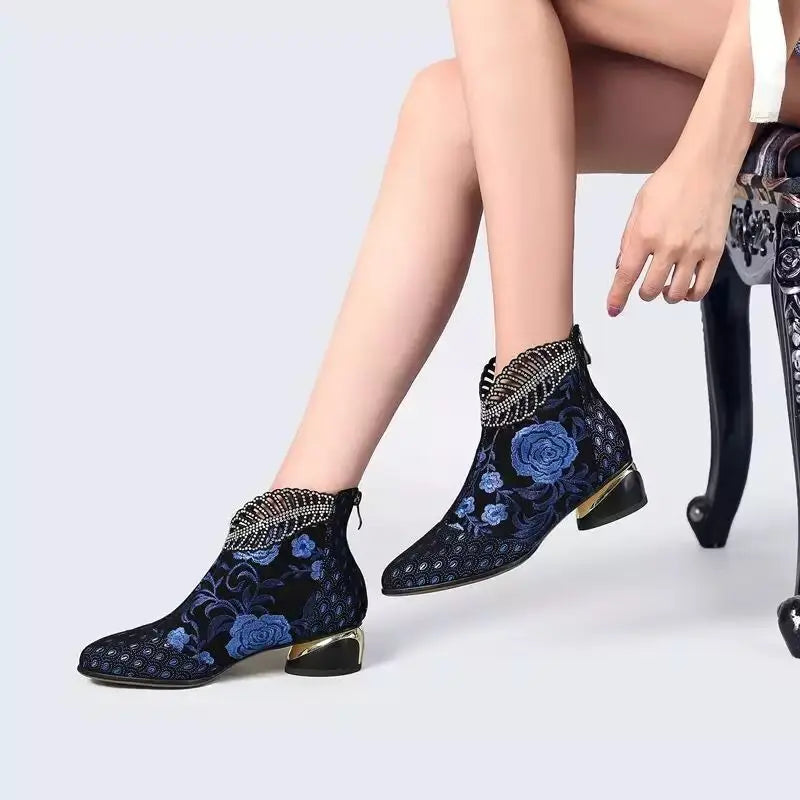 Handmade Embroidery Elegant High Heel Ankle Boots