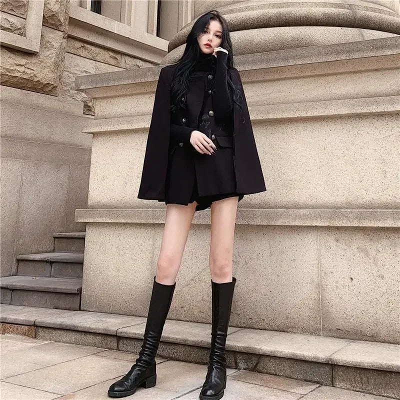 Black Cape Woolen Coat