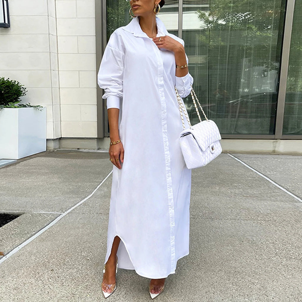 Women Windproof Dress Versatile Hem Solid Color Shirt Long Dress