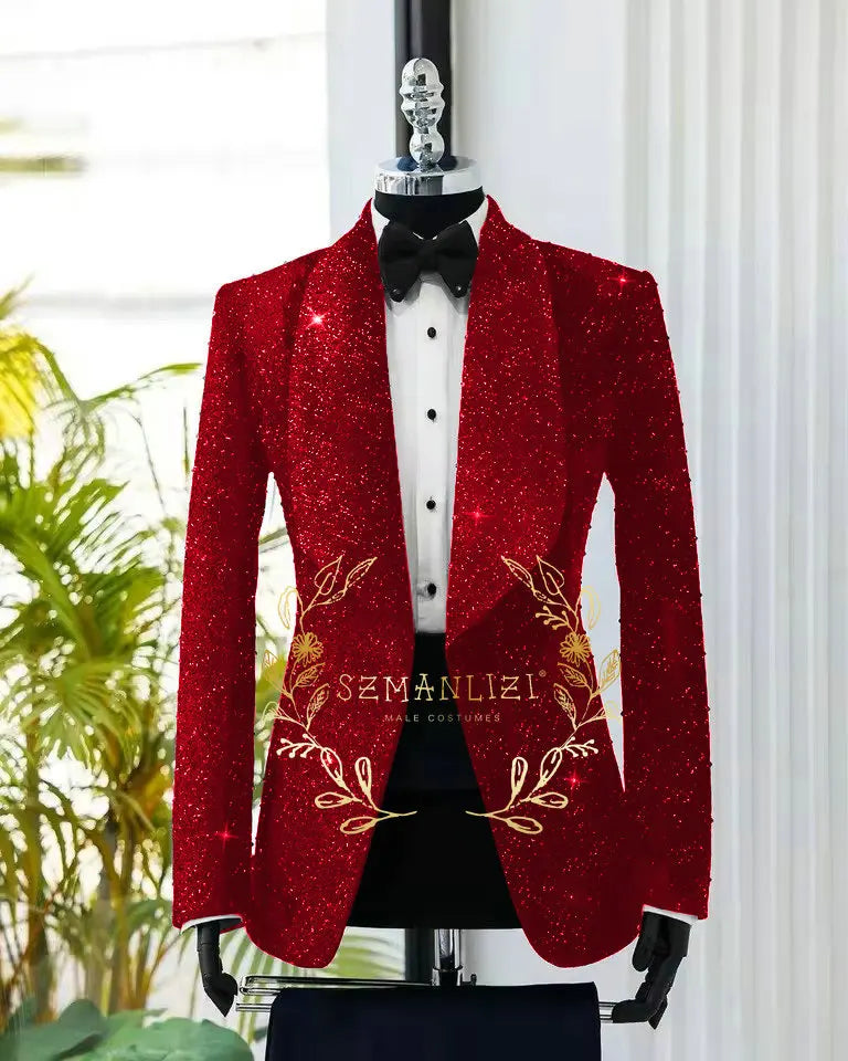 Men's Suit 2 Pieces Shiny Black Blazer Pants One Button Shawl Lapel Slim Fit Formal Groom Wear Wedding Party Costume Homme
