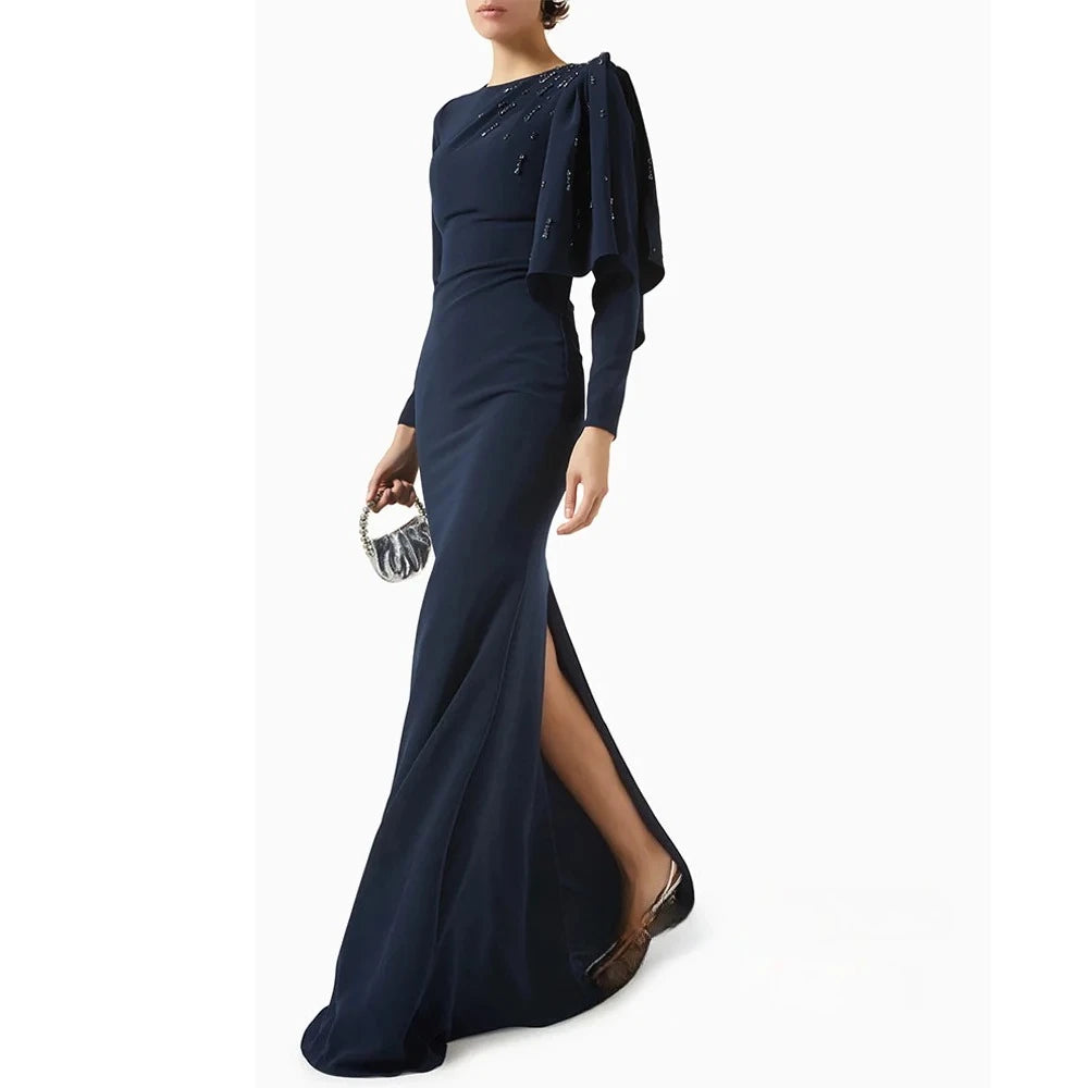 Red Modest Evening Dress Customized Round Neck Long Sleeves Beading Back Slit Mermaid Prom Gown Saudi Arabian Style Party Dresses