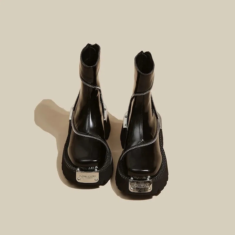 British Style Square Toe Chelsea Boots Retro Metal Functional Booties
