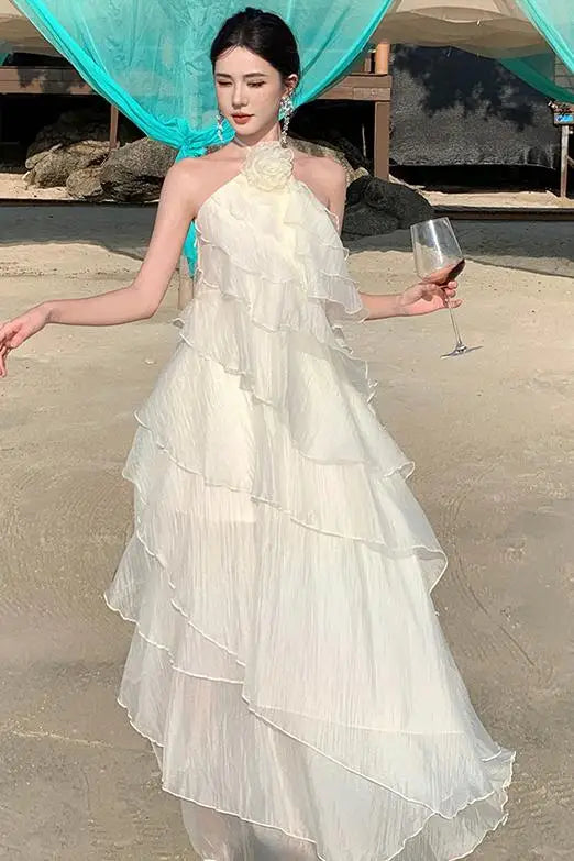 French Halter Flower Ruffled Light Luxury Small Temperament Dress