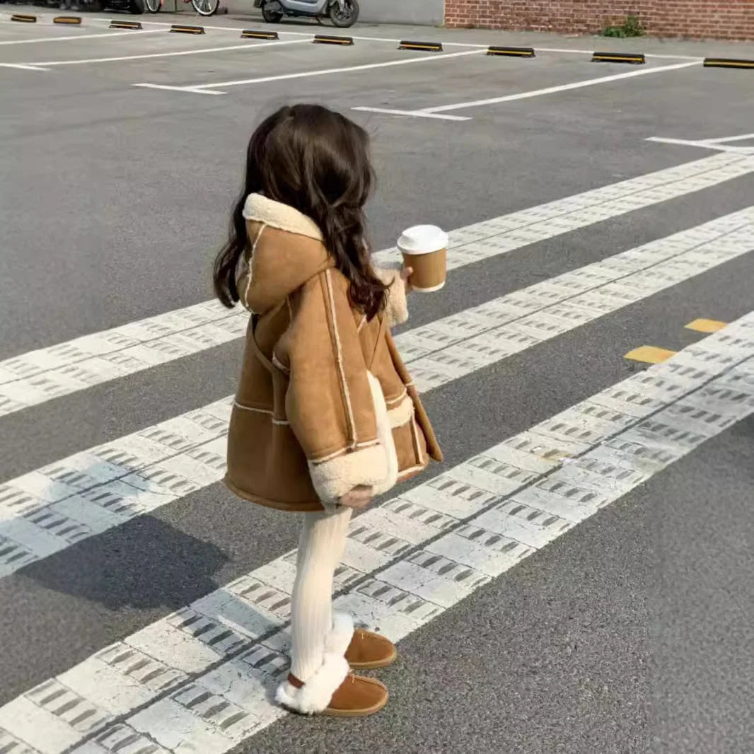 Girls Coat New Korean Fashionable Suede Hooded Coat Warm and Fashionable