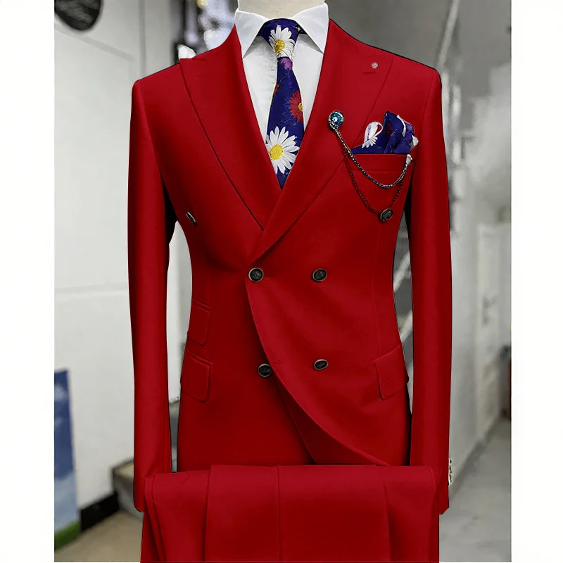 Suits for Men 2 Piece Solid Color Formal Business Casual Male Suit Fashion Peak Lapel Double Breasted Wedding Groom Tuxedo