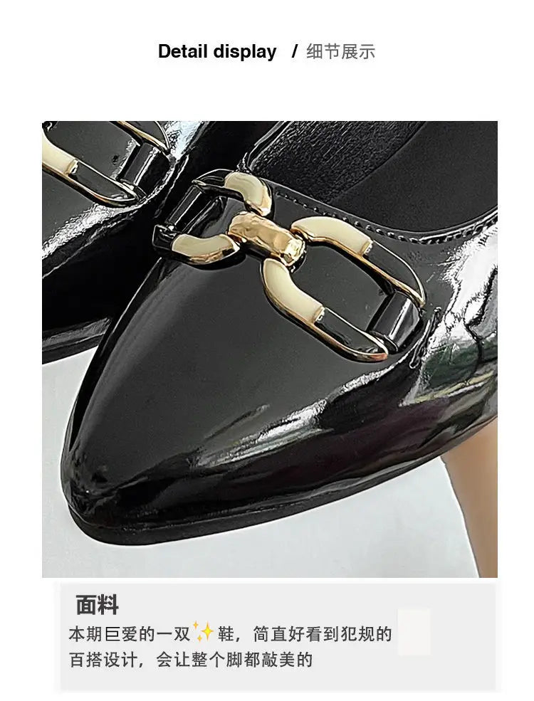Pointed Toe Patent Leather Low Heel Single Slip on Classic Shoes