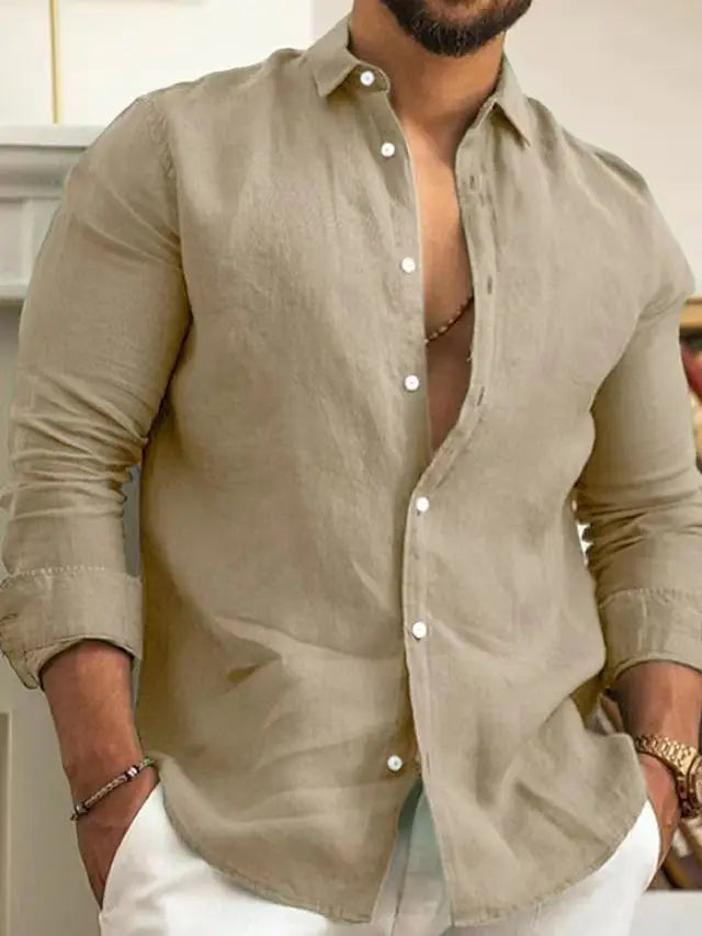 Solid Color Cotton Linen Plain Classic Button-up Lapel Long Sleeve Shirts