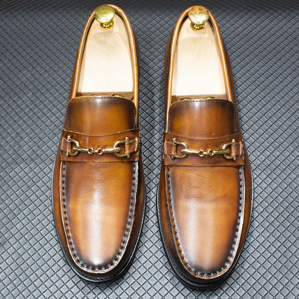 Handmade Genuine Leather Metal Chain Loafers