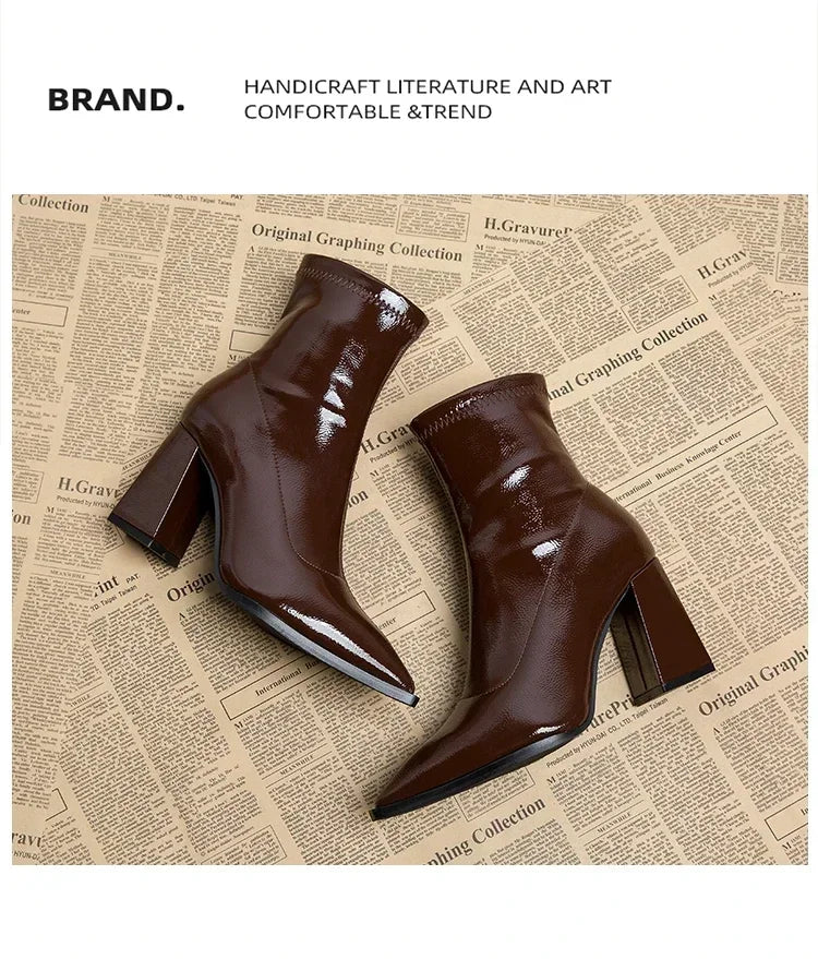 Pointed Toe Thick Heel French Ankle Boots