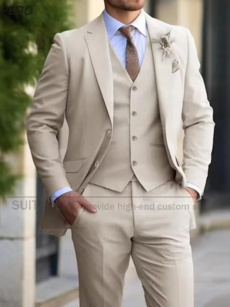 Slim Fit Suit Sets For Men Wedding Banquet Groomsman Elegant Formal Vest Pants Three Pieces Fashion Male Classic Outfits
