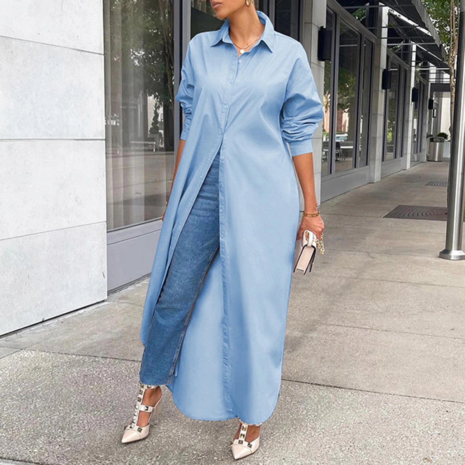 Women Windproof Dress Versatile Hem Solid Color Shirt Long Dress