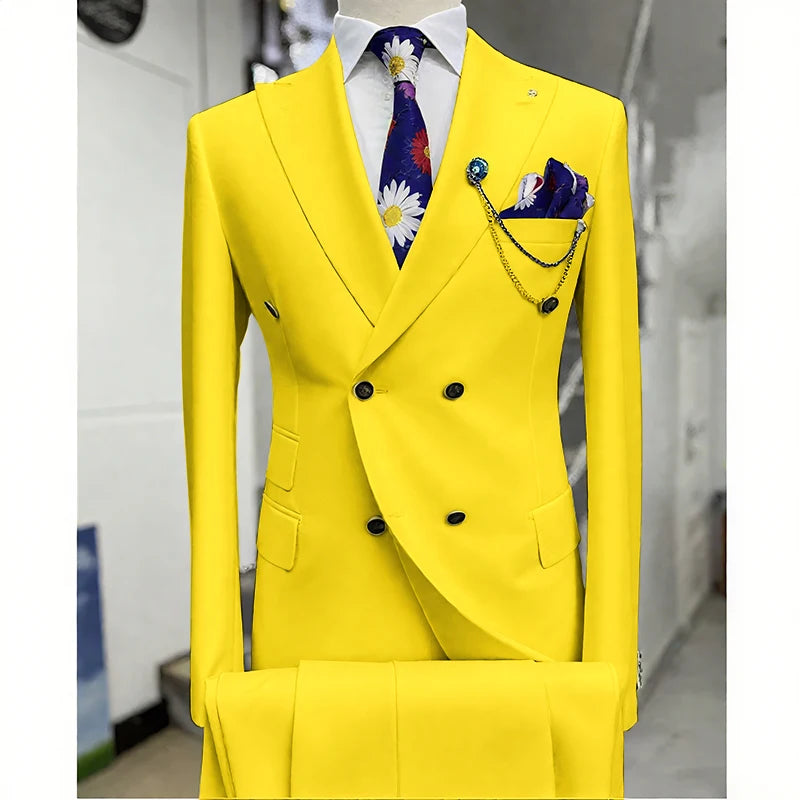 Suits for Men 2 Piece Solid Color Formal Business Casual Male Suit Fashion Peak Lapel Double Breasted Wedding Groom Tuxedo