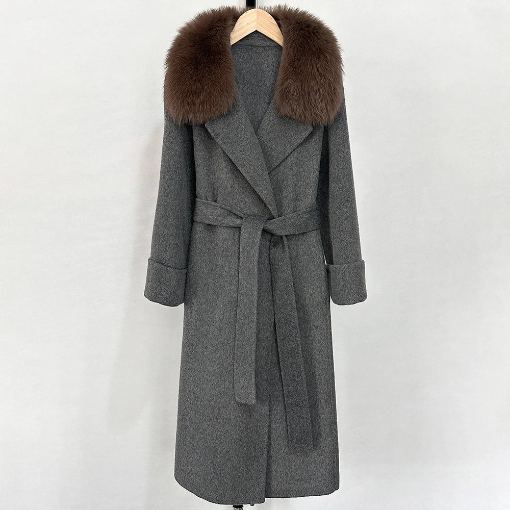 Fox Fur Collar Elegant Double-sided Wool Blend Coat Cashmere Wool Jacket