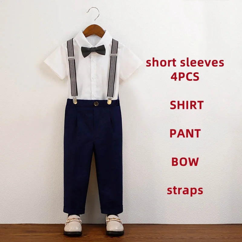 4 Pieces/set Boys Formal Elegant British Style Strap Shirts Outfits Set