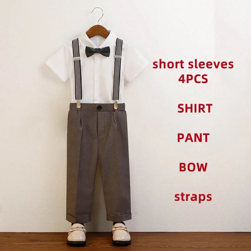 4 Pieces/set Boys Formal Elegant British Style Strap Shirts Outfits Set