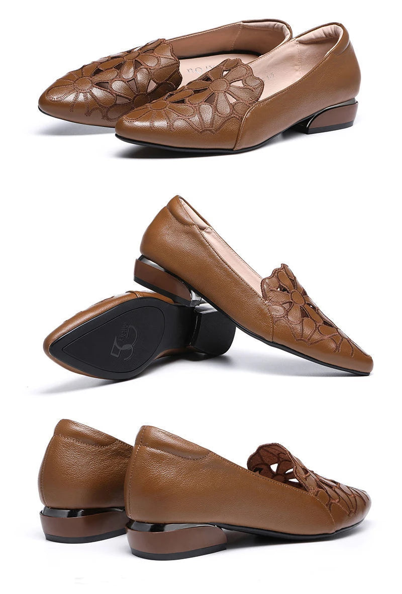 Mid Heel Leather Hollow Out Black Square Heel Shoes