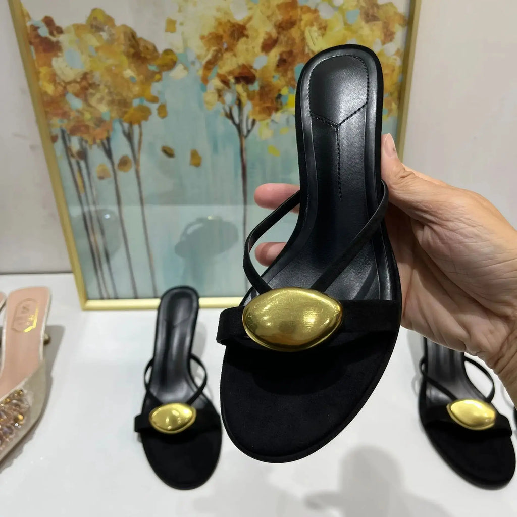 Black Metal Open Toe Thin Heels Slippers Sandals