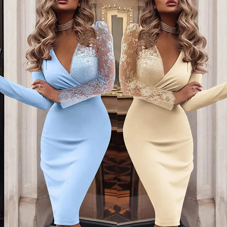 Elegant Sexy Bodycon Deep V-neck Long Sleeve Dress